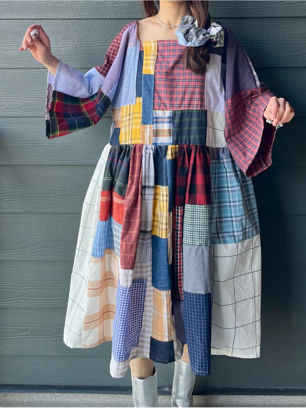 Handmade Quilted Patchwork Plaid Dress SKU 06155 With Matching Scrunchies - Picture 14 of 16